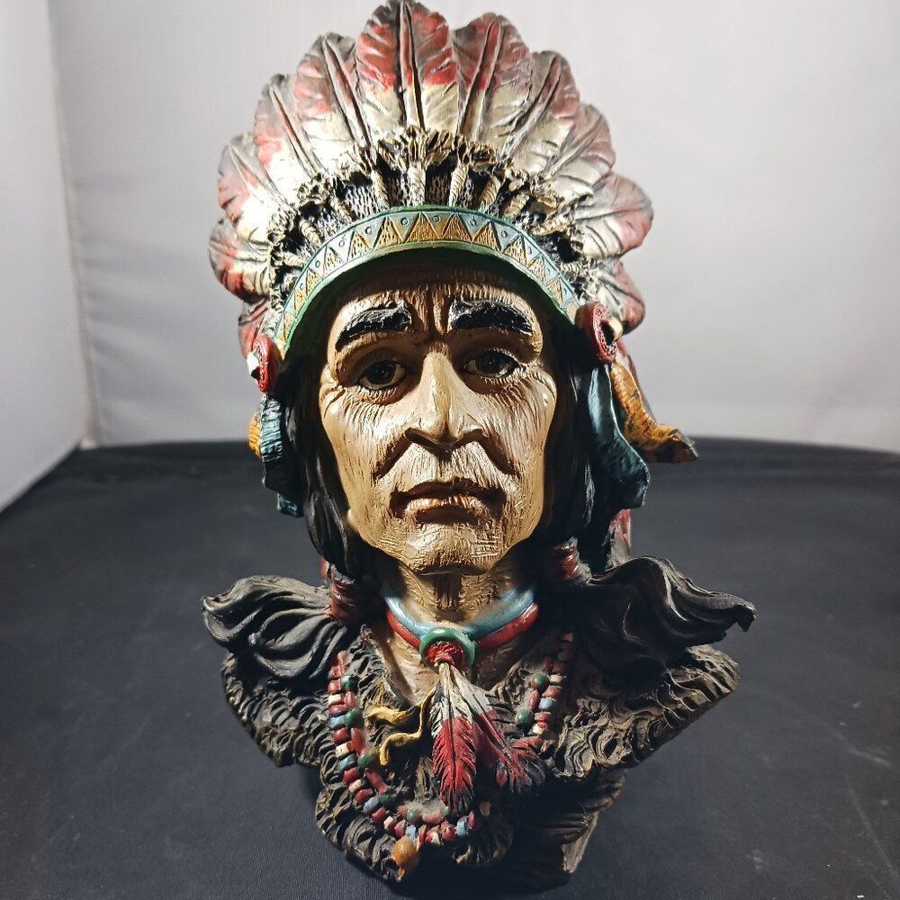 Resin Native American Warrior Small Bust Feathered War Bonnet Headdress